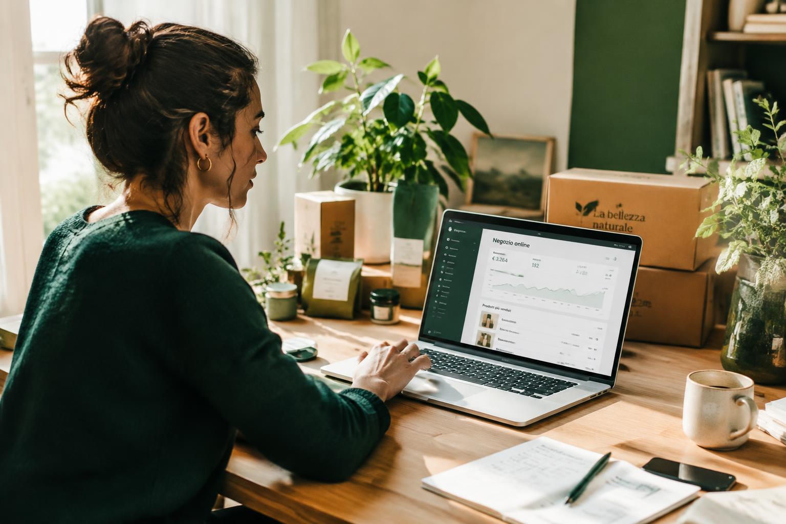 Scrivania con laptop e prodotti pronti per la spedizione